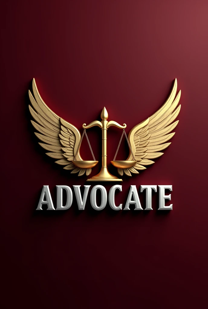 Golden Justice scale logo with small silver wings around it with,"ADVOCATE" In all capital letters written below it in bright silver color, with a burgundy background