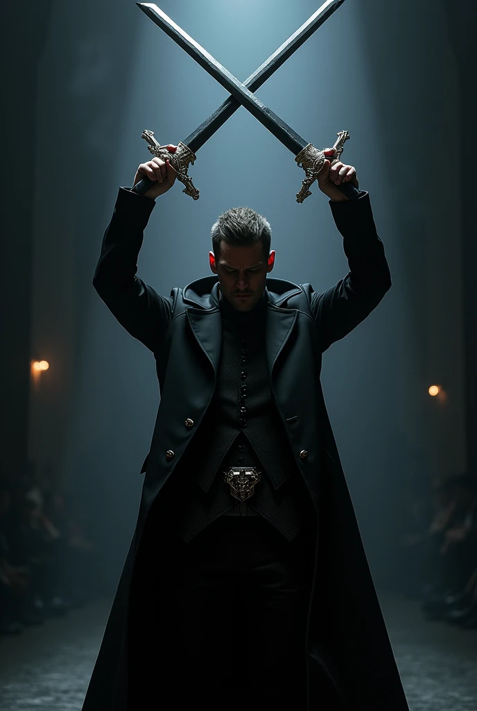 man holding swords in the shape of "X" upwards, dark fashion environment