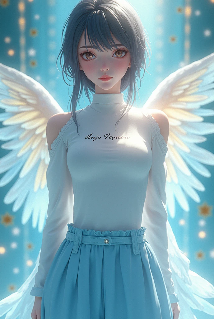 Female character with white turtleneck shirt with name in Portuguese Little Angel, blue angelic pants, 3D anime theme