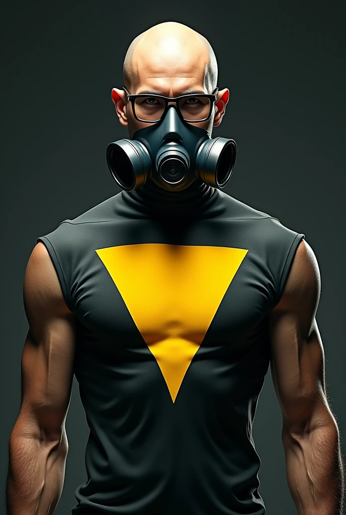 BALD MAN THIN STRONG GLASSES with black frame YELLOW hero, DARK glue , YELLOW TRIANGLE on the chest, ARTPOP gas mask