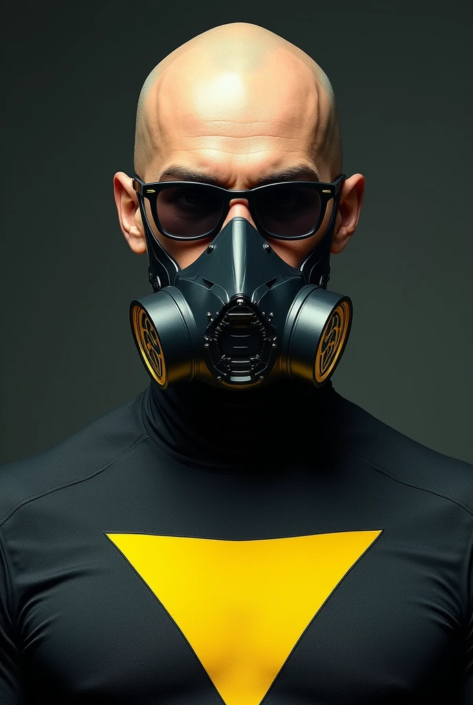 BALD MAN THIN STRONG GLASSES with black frame YELLOW hero, DARK glue , YELLOW TRIANGLE on the chest, ARTPOP gas mask