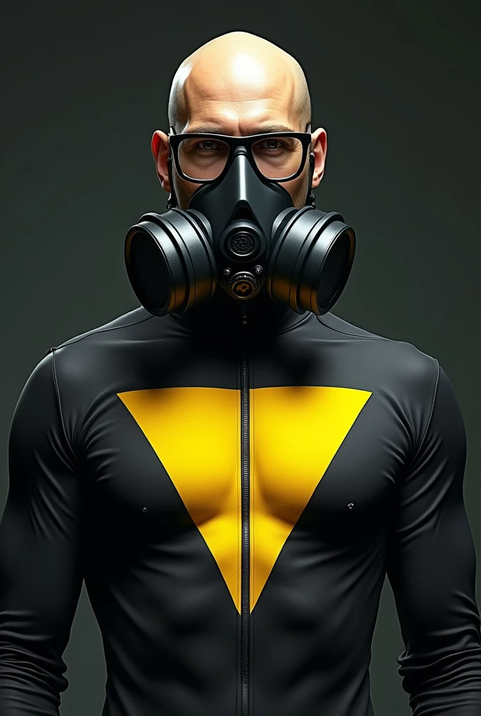 BALD MAN THIN STRONG GLASSES with black frame YELLOW hero, DARK glue , YELLOW TRIANGLE on the chest, ARTPOP gas mask