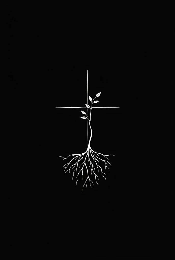Make a minimalist and simple like a draw image with roots and cross on the roots with background black for YouTube channel