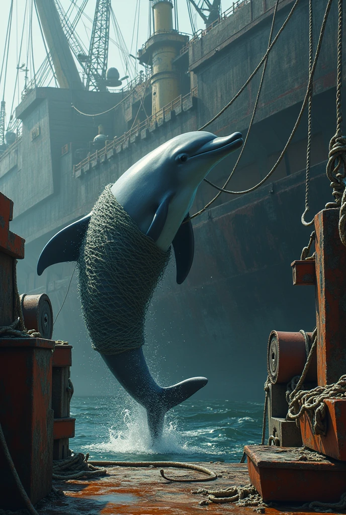 dolphin with its tail caught in a net on a huge fishing vessel

