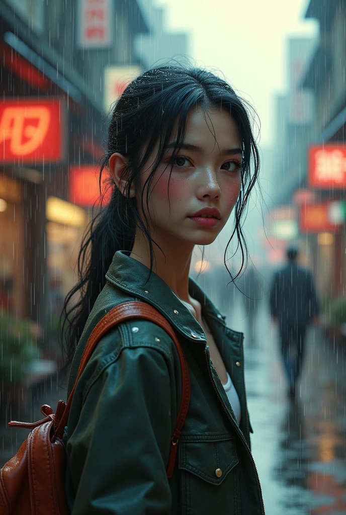 age woman with raindrops on her face as she walks through a town 