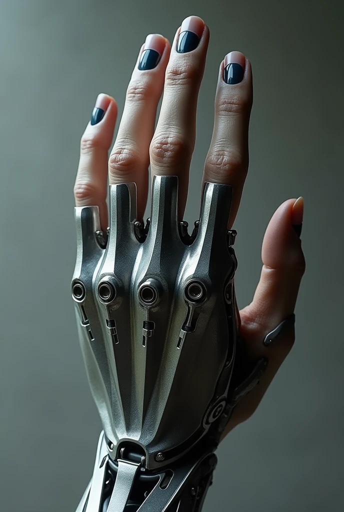 create images of a left hand where only the index and middle fingers are replaced by iron prostheses