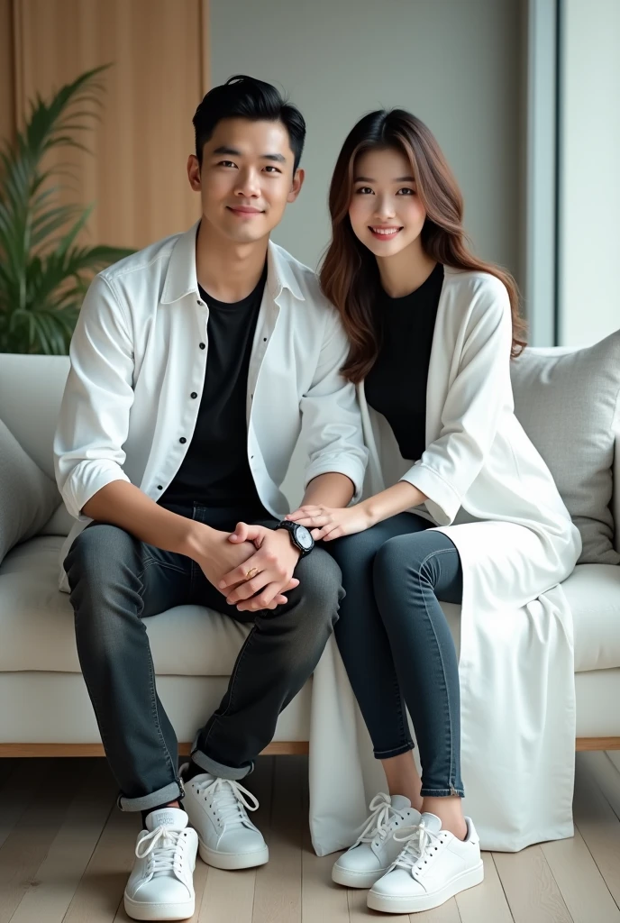 a handsome man korean with short black slicked hair, wearing a short white shirt, long tight jeans and Adidas shoes, a photo together with a beautiful 19 year old woman korean with long hair with a cute face, wearing an elegant long white shirt dress, black t-shirt and long tight jeans, sitting on a sofa in a room with a minimalist interior, very realistic, cinematic, smiling looking at the camera