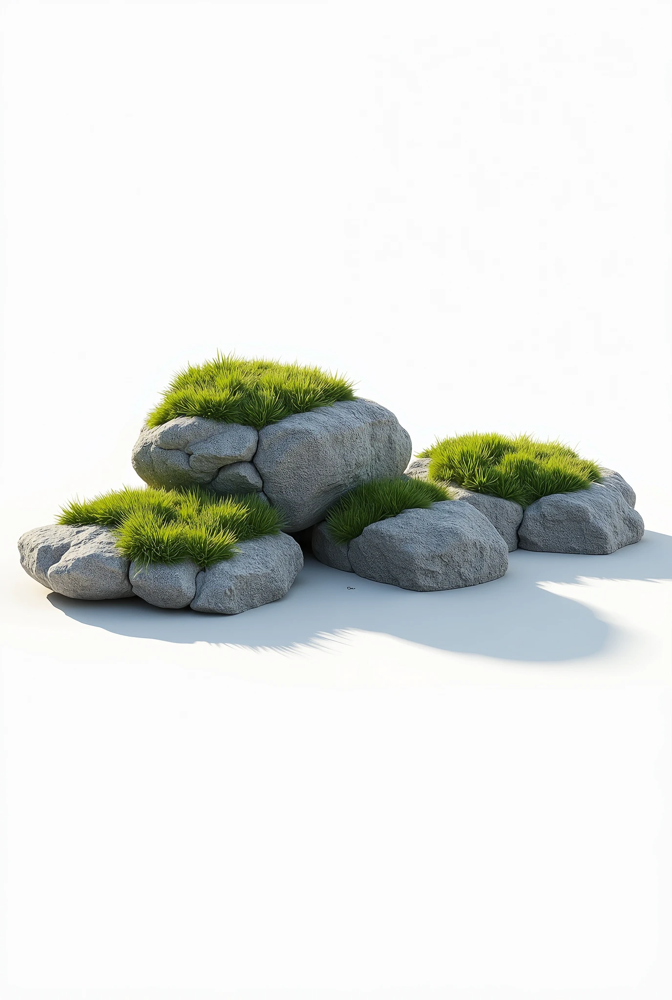 ON A WHITE BACKGROUND Create 3D reference props of various small rock formations, with moss, without any moss, rough. Rendering for presetantion 3D reference, ONE NVIDIA RTX render, Ultra-detail, uhd