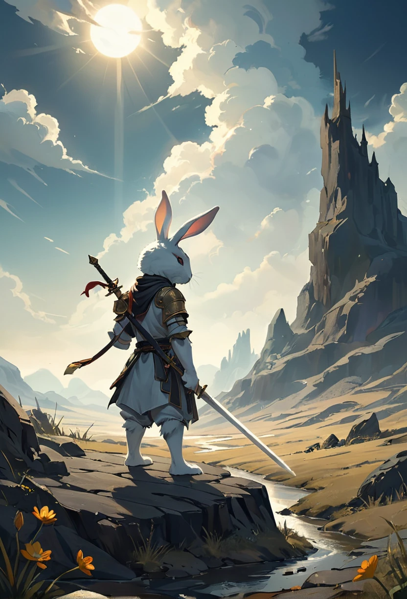 the scariest cute rough rabbit (taking an oath:1.1) to bring eternal tenderness to these dark and polluted lands, glowing sword, determination, looking into the distance, thoughtful,  epic angle, dynamic shadow play, (backdrop of the lost landscape:1.2), cinematographic, sharp focus, vivid , simplified, Intricate, 