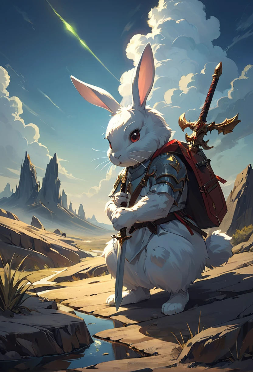 the scariest cute rough rabbit (taking an oath:1.1) to bring eternal tenderness to these dark and polluted lands, glowing sword, determination, looking into the distance, thoughtful,  epic angle, dynamic shadow play, (backdrop of the lost landscape:1.2), cinematographic, sharp focus, vivid , simplified, Intricate, 