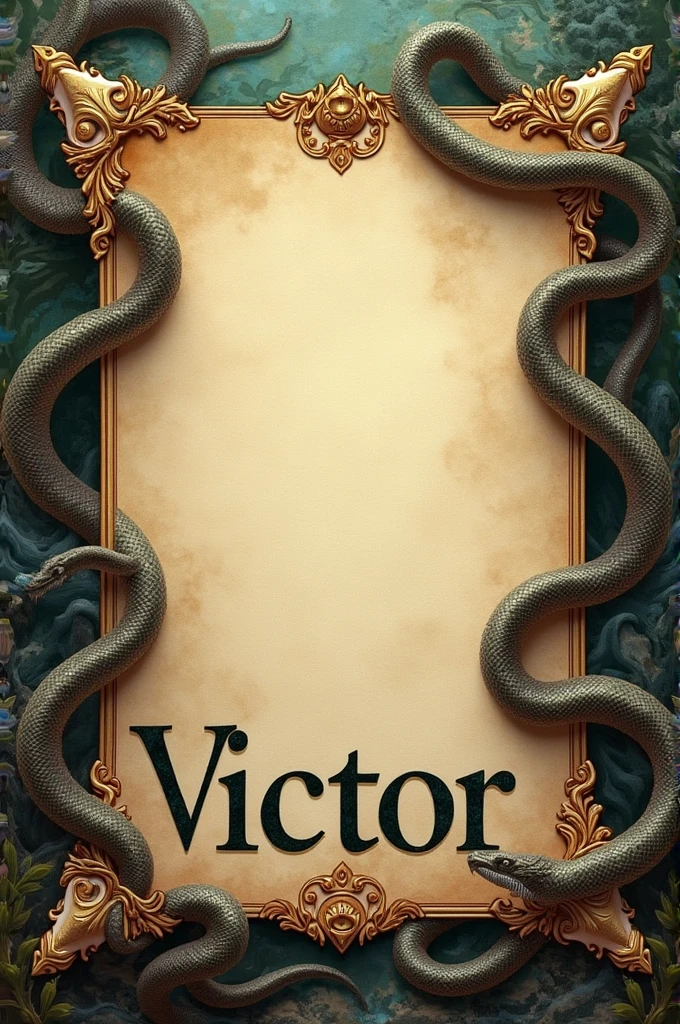 Create a literary worksheet cover with the name Victor at the bottom and mythological snakes on the page.