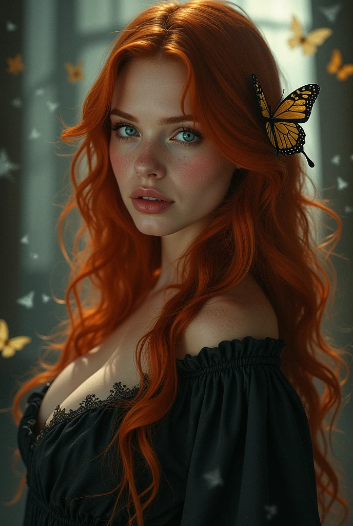 (solo, full body photo:1.3), (action packed:1.3), (haze, fog, mist:1.3), chiaroscuro, best quality, photorealistic, 1woman, (cute), (24yo:1.2), redhead, long ginger hair highly detailed, 1700'S, digital photography, art by artgerm and ruan jia and greg rutkowski surreal painting gold butterfly filigree, broken glass, (masterpiece, sidelighting, finely detailed Fashionable eyes: 1.2) (perfect oval large eyes that gazes at the viewer), beautiful detailed face, blue gorgeous perfect eyes, (blonde hair ponytail), (attractive young woman:1.3), (thick amazing hair), (seductive:1.1), (blushing:1.1)