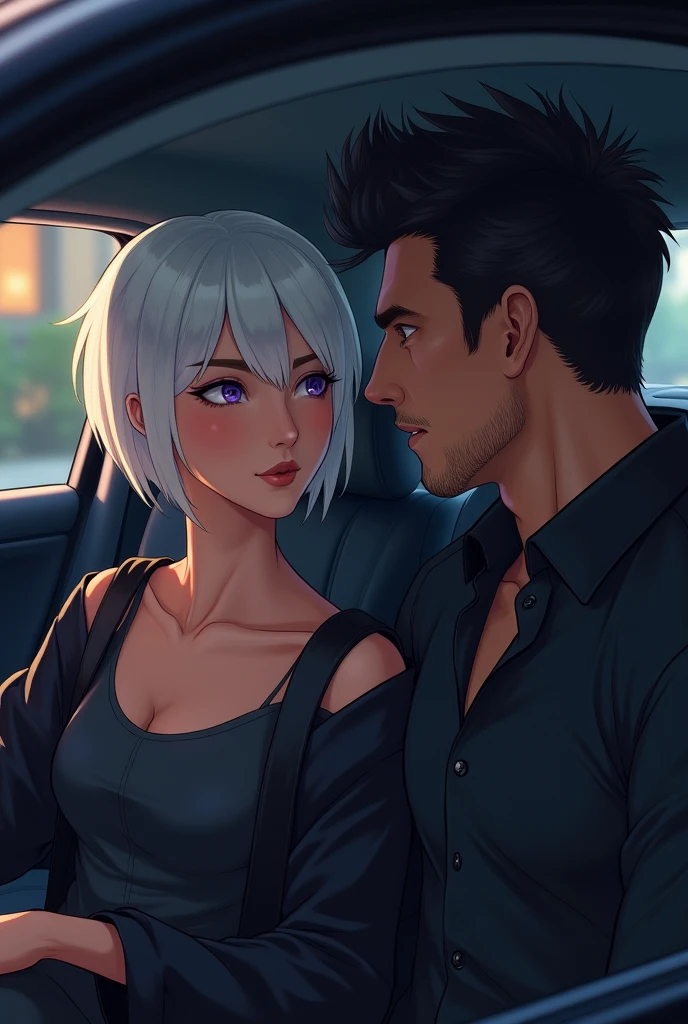 Couple inside the car talking, the woman has characteristic short white hair, violet eyes and light brown skin., and the man is strong and handsome with dark hair and a black dress shirt