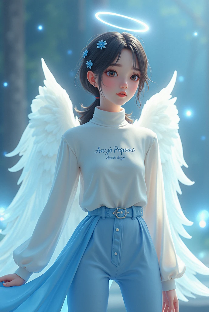 Female character with white turtleneck shirt with name in Portuguese Little Angel, blue angelic pants, 3D anime theme