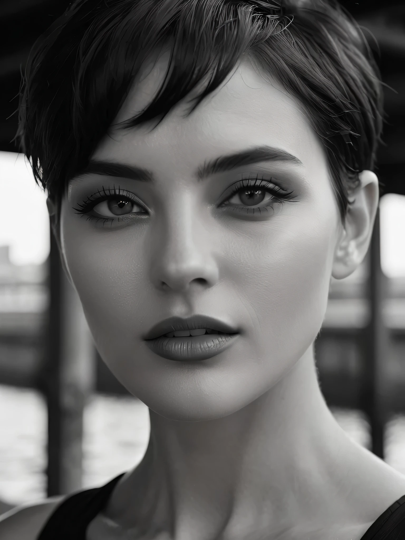 campaign photo of fashion brand, monochrome film photo, close-up of women's face, the photo taken at under bridge, her eyes are looking viewers, very short hair, textured skin, closed mouth, cool and stylish expressions, hyperdetailed, hyperrealistic, 8k, UHD, artistic photography, mode, vogue, high fashions