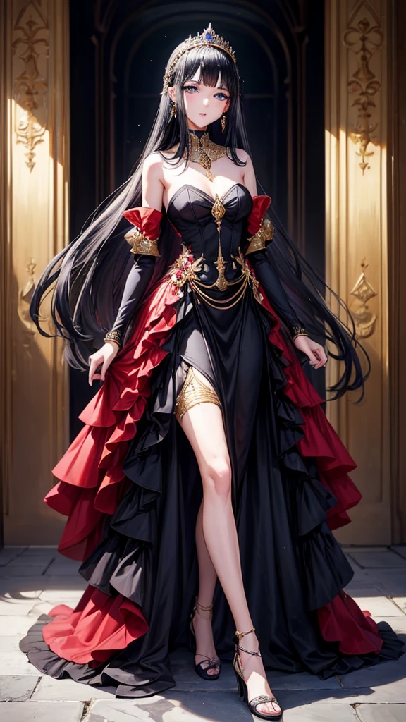 アニメ , an 18 year old princess, {gold tiara with sapphire and ruby stones}, {face perfect}, {Bblack hair}, {blue colored eyes}, {asymmetrical eyes}, {perfect nose}, {red lips}, {full body 5.0}, {modern long dress inspired by princesses in red and black with rich details}, {facing the front, looking at camera}, {walking in a forest}
{8k image}, {128k ultra resolution}, {ultra quality 128k}, {128k high quality sharpness}