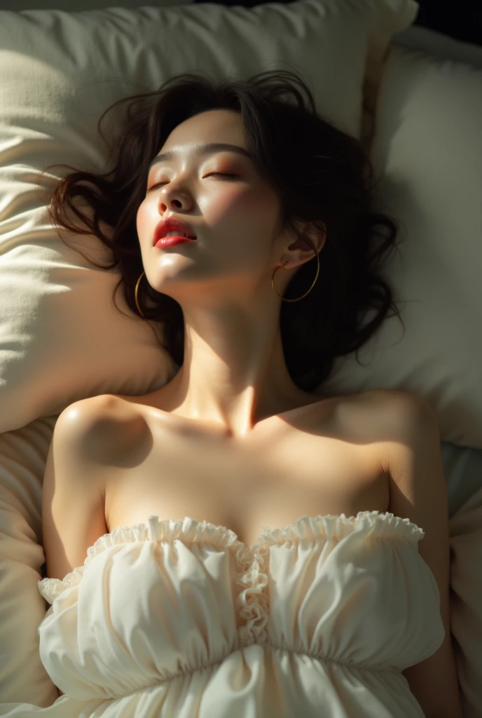 extremely quality photo, sharp focus, epic realism, realisitic, source_photo, proper alignment, young japanese actress, orgasmic climax, at bed, nude, naked, navel