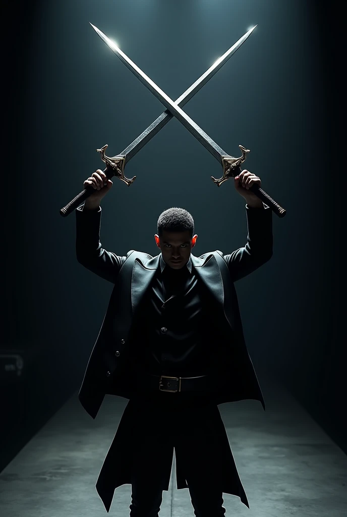 man holding swords in the shape of "X" upwards, dark fashion environment 