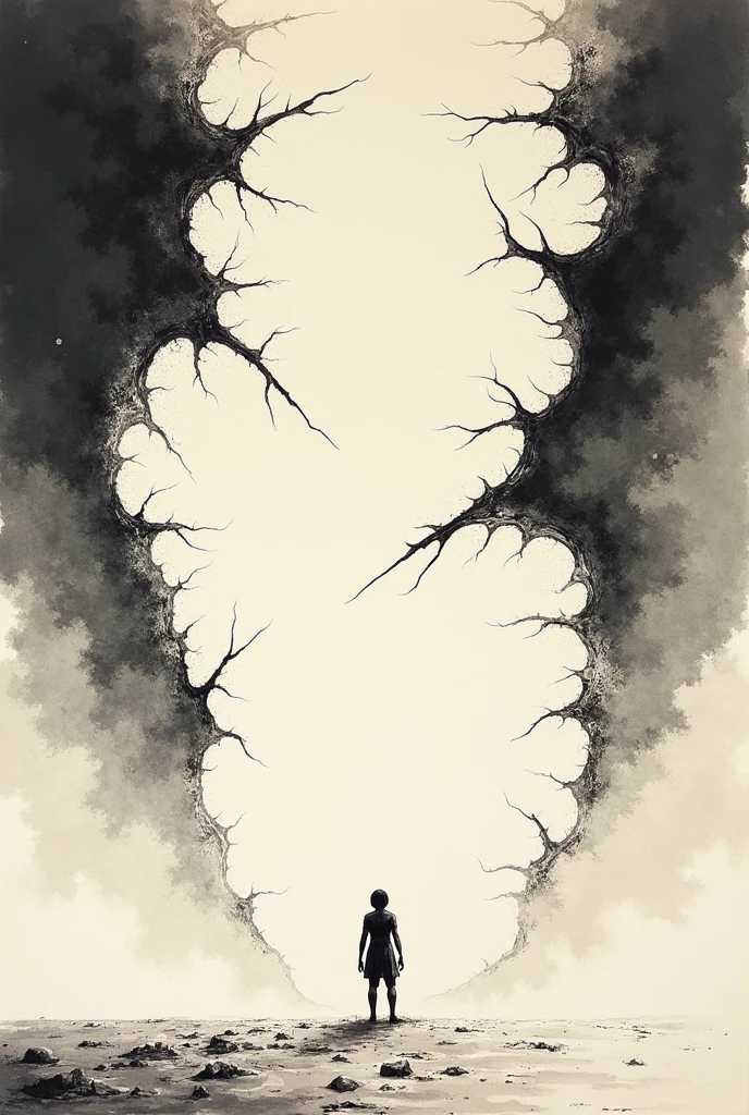 Ink Painting。Background is the collapse of the sky。Size is 600*800 pcs。The sky above cracked,160pk。Below is the broken earth 200pk。A person standing on the ground,Knee bending,High 80pk。The scene was very shocking,There are relatively few ink strokes.,Simple and atmospheric。