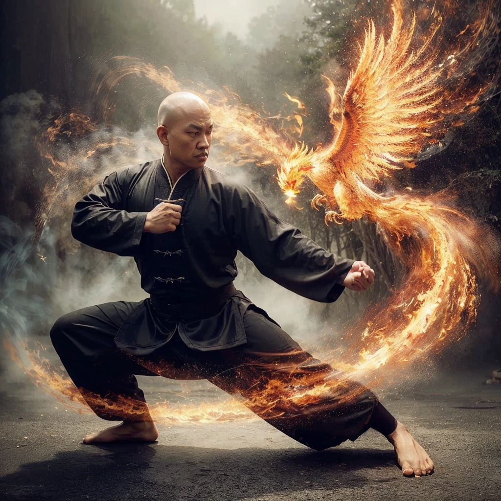 a wing chun master from indonesia, slightly fat body, slightly bald head, wearing a black shaolin suit, demonstrating the phoenix bird technique ready to attack, add a cinematic effect of an energy smoke rotating around his body, extreme cinematic, detailed light bias elements, best image quality, uhd, hdr.