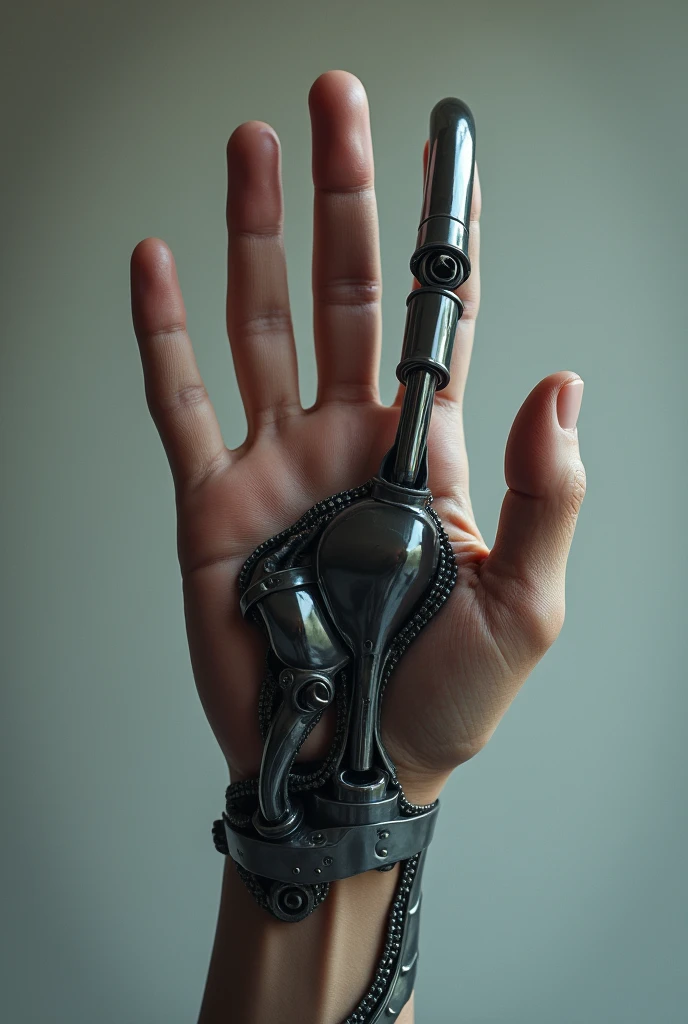 create images of a left hand where only the index and middle fingers are replaced by iron prostheses