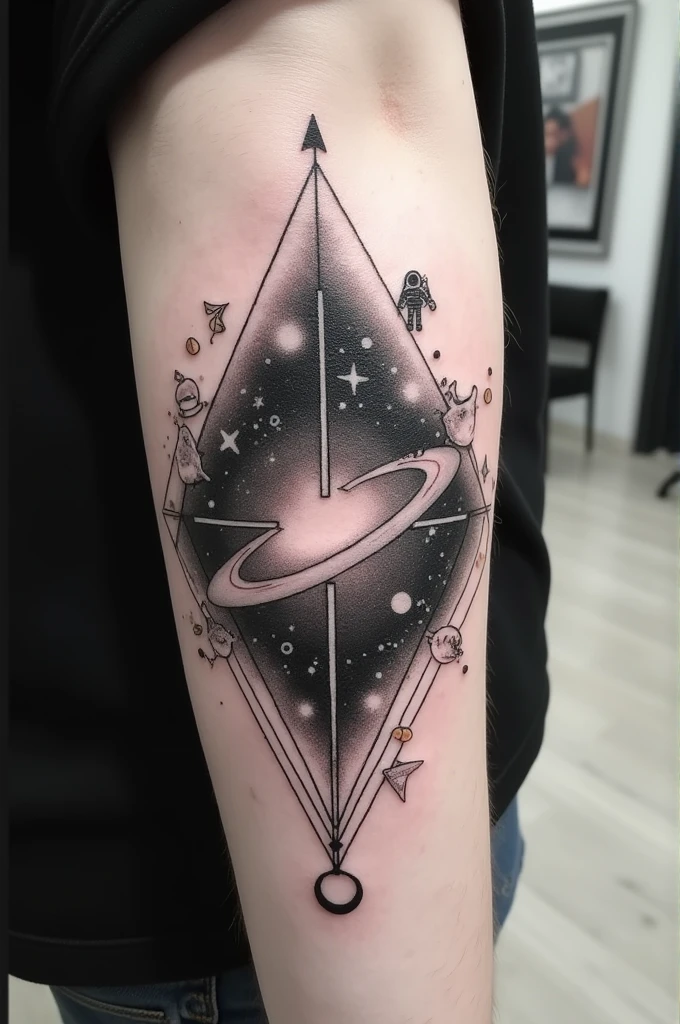 Black and white tattoo with only fine lines and strokes with a galaxy and mathematical elements. Add a small astronaut. Do not add black backgrounds to the tattoo.
