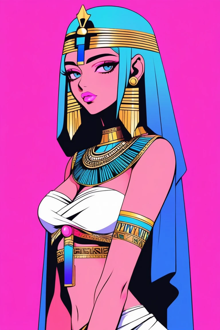 Illustrator, anime , Realistic ,sketch , 1 person, model, Age 25, lip, Sexy and revealing Egyptian Goddess Outfit, order, Blue and pink gradient background, Neon Hair, Big Breasts, Her cleavage is visible, look back, whole body, Sexy look, Texture Trim, Russia, (masterpiece,Highest quality)
