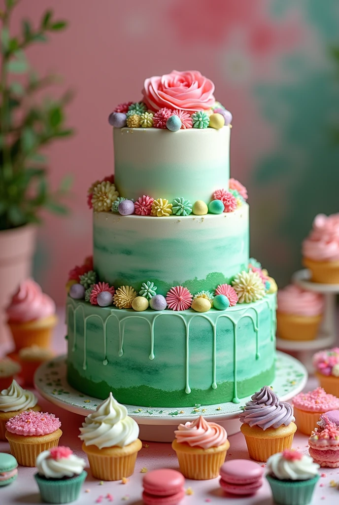 Design me a cake where some macarons and cookies designed from Zenon's farm are shown including designs by Zoro from one peace