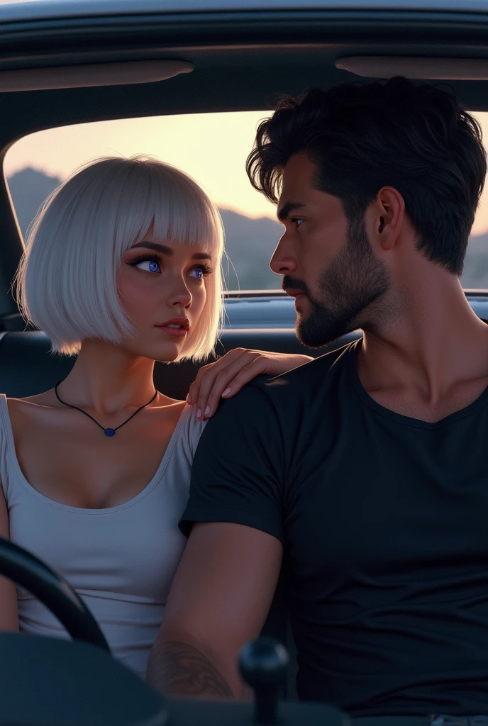 Couple inside the car talking, the woman has characteristic short white hair, violet eyes and light brown skin., and the man is strong and handsome with dark hair and a black dress shirt