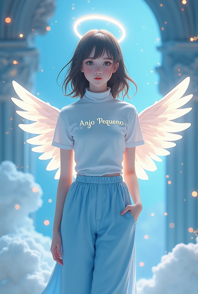 Female character with white turtleneck shirt with name in Portuguese Little Angel, blue angelic pants, 3D anime theme