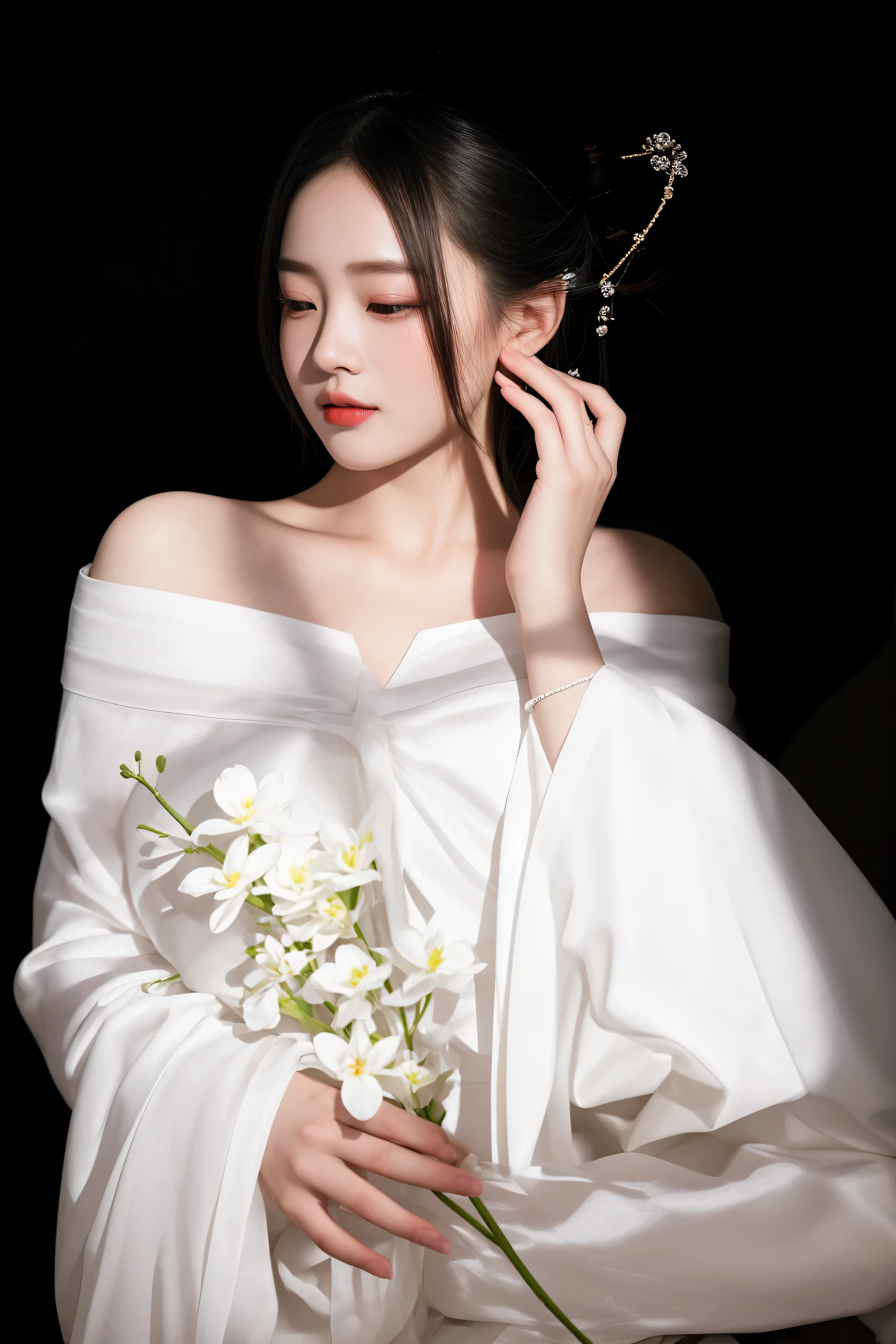 there is a woman in a white dress holding a bouquet of flowers, white hanfu, a beautiful woman in white, inspired by Zhang Yan, photo taken with nikon d750, ao dai, photo taken with nikon d 7 5 0, inspired by Huang Ji, wearing white silk robe, a young asian woman, portrait shot, inspired by Tang Yifen