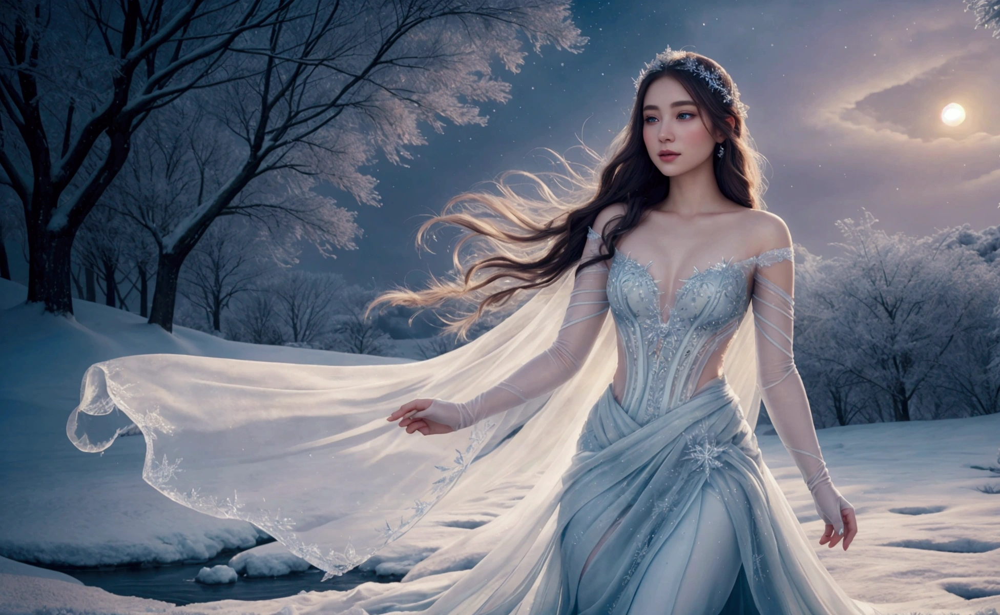 Elsa's flawless complexion shines in the soft light of the moon., her ethereal figure draped in fine, fluttering fabrics fit for a winter fairy. In this breathtaking painting, the Frost Queen epitomizes purity and grace, with her porcelain skin reflecting the shimmering light around her. The intricate details of her outfit and subtle shades of frost give this scene a magical feel. creating a truly enchanting and captivating image.