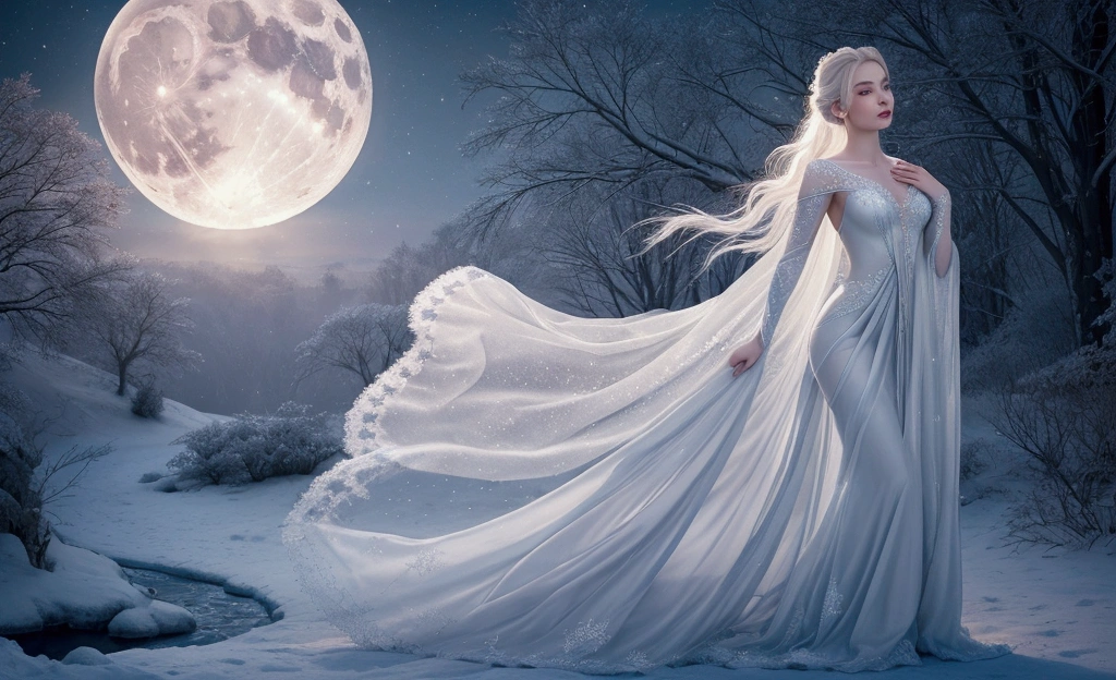 Elsa's flawless complexion shines in the soft light of the moon., her ethereal figure draped in fine, fluttering fabrics fit for a winter fairy. In this breathtaking painting, the Frost Queen epitomizes purity and grace, with her porcelain skin reflecting the shimmering light around her. The intricate details of her outfit and subtle shades of frost give this scene a magical feel. creating a truly enchanting and captivating image.