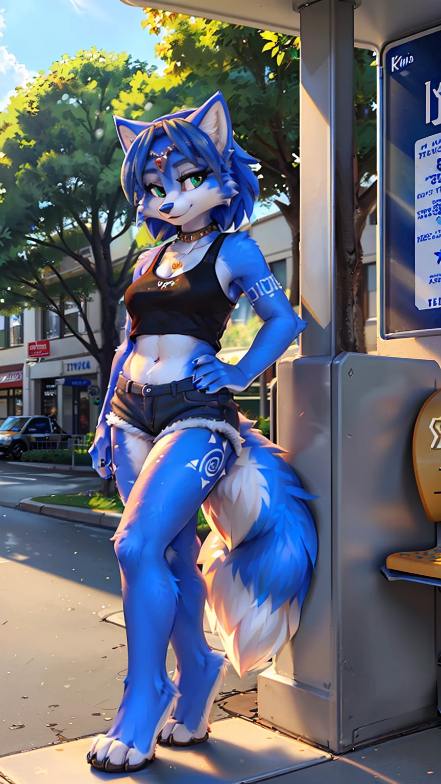A beautiful and detailed (sweet picture) wa ((krystal)), Star Fox krystal, sslim, lovable, green eyes, medium breasts, (((Long blue hair 1.3))), Decollete, anthro, furry, Uploaded E621, detailed fluffy fur, (wa Fluff-Kevlar, Bayard Wu, personalize me, Pino Daeni), detailed face, (fluffy), 1 girl, alone, sweet girl, ((waiting at a bus stop )), is standing, looks at the viewer, ein fluffyr schweif, ((((her whole body is visible:1.5)))), ((((wa kopf bis fuß zu sehen:1.5)))), (((wearing a black tank top))), black arm warmers, (((short denim))), black stockings with visible toes,