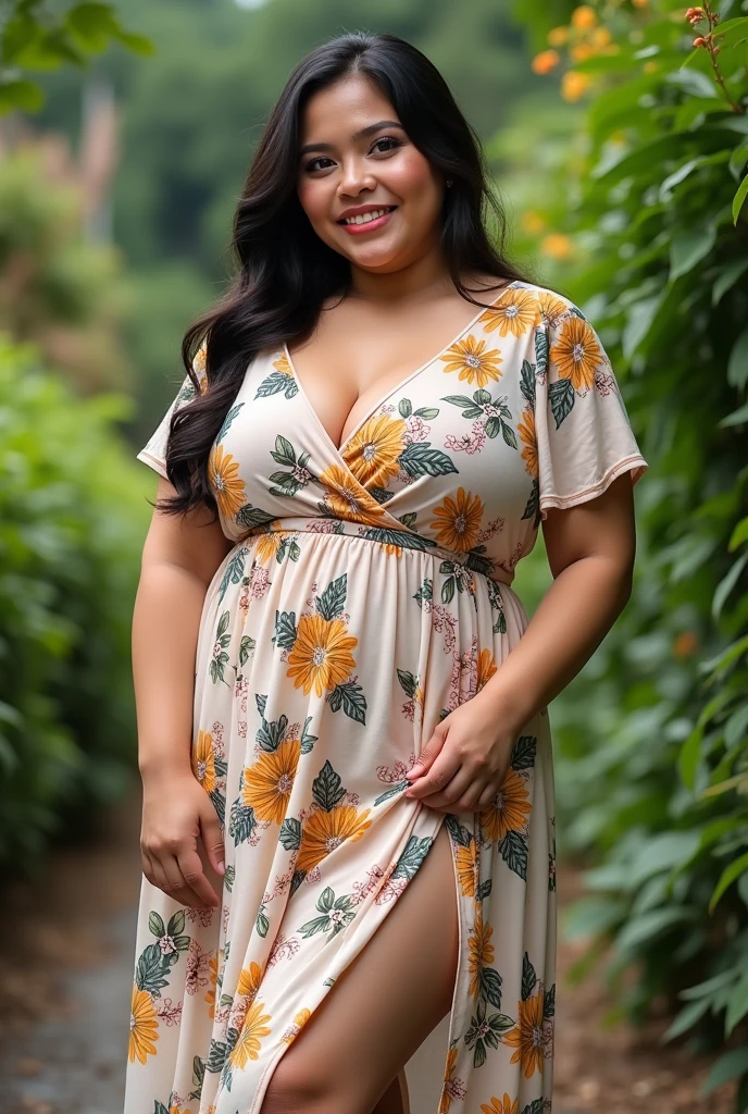 Chubby sexy filipina outdoor full body wearing floral dress candid shot