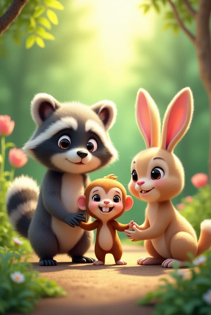 a racoon, a monkey and a rabbit, that they look pretty