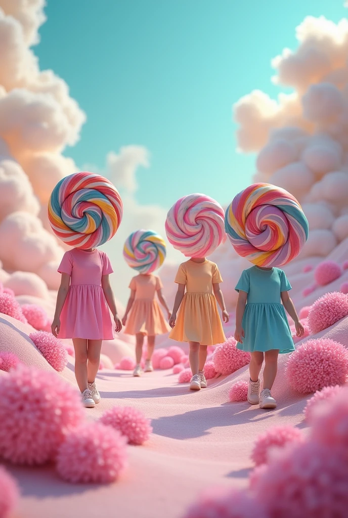 A group of people with swirling candy-like heads walking through a pastel-colored dreamscape