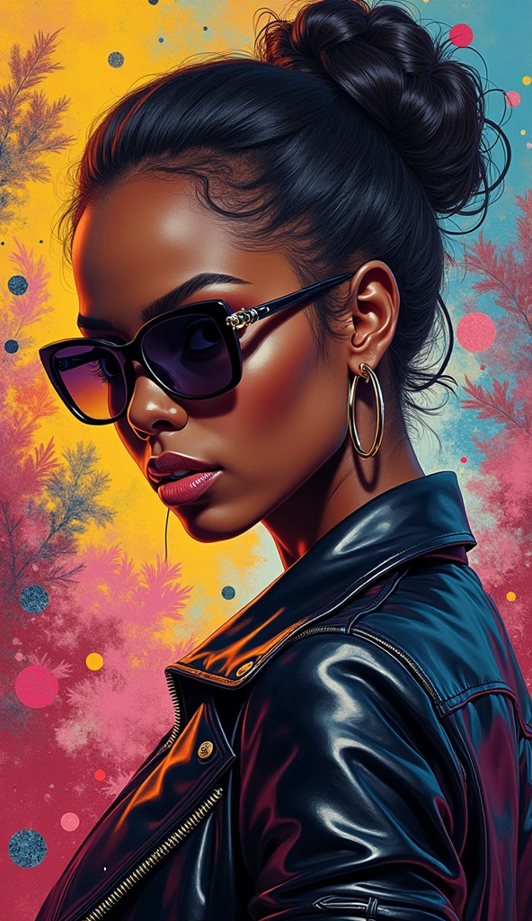 High-quality realistic acrylic art, vivid colors, painting of a woman with sunglasses and a leather jacket, lois van rossdraws, ross tran style, moebius + loish + wlop, rossdraws | afrofuturism, rossdraws 2. 0, by Ross Tran, in the style of ross tran, rossdraws 1. 0, rossdraws global illumination, style ivan talavera and artgerm