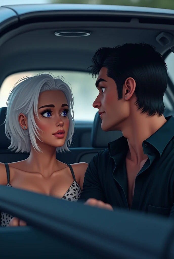 Couple inside the car talking, the woman has characteristic short white hair, violet eyes and light brown skin., and the man is strong and handsome with dark hair and a black dress shirt