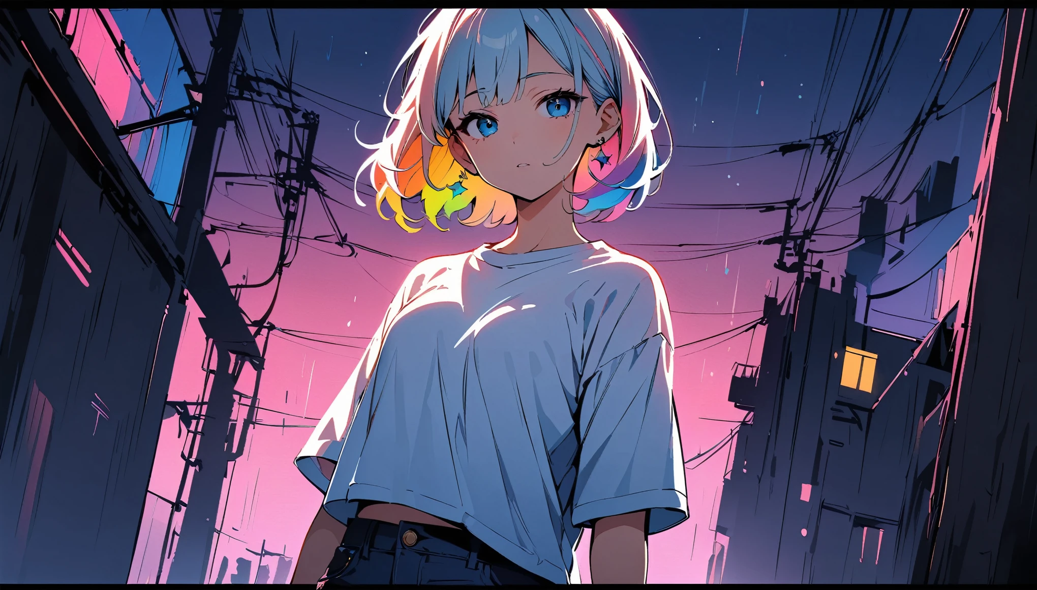 (high quality, 8k, 4K, High Contrast, masterpiece:1.2, 最high quality, Best aesthetics), (Dynamic Angle), ((1 female teen)), ((Plain and bright background)), ((Flat Color)), (White T-shirt on the upper body), ((Plain T-shirt)), (jeans), Looking at the audience, Upper Body, Transparent Background, Sleepy eyes, High Contrast, Contrasting colors, Cowboy Shot, Pale pink and blue lighting, ((Very Short Hair)) , Rainbow Hair, Small star-shaped earrings in both ears, watch, bright eyeshadow, Cool look, Small Tits, Clothes that are wet. Raining background, Holding a lightsaber in his right hand