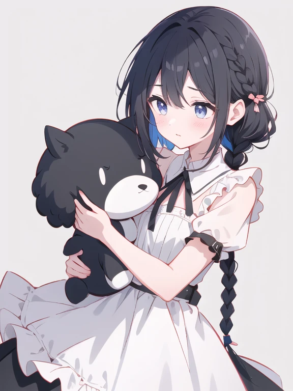 The hug is coming, One person,Black Hair、Braid、 alone, Gray background, Medium chest, dress,