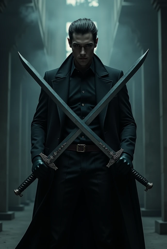 man holding swords in the shape of "X", dark fashion environment 
