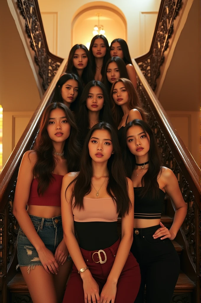 I'm taking photos for a new concept album. Create a concept photo of a girl group posing on the stairs