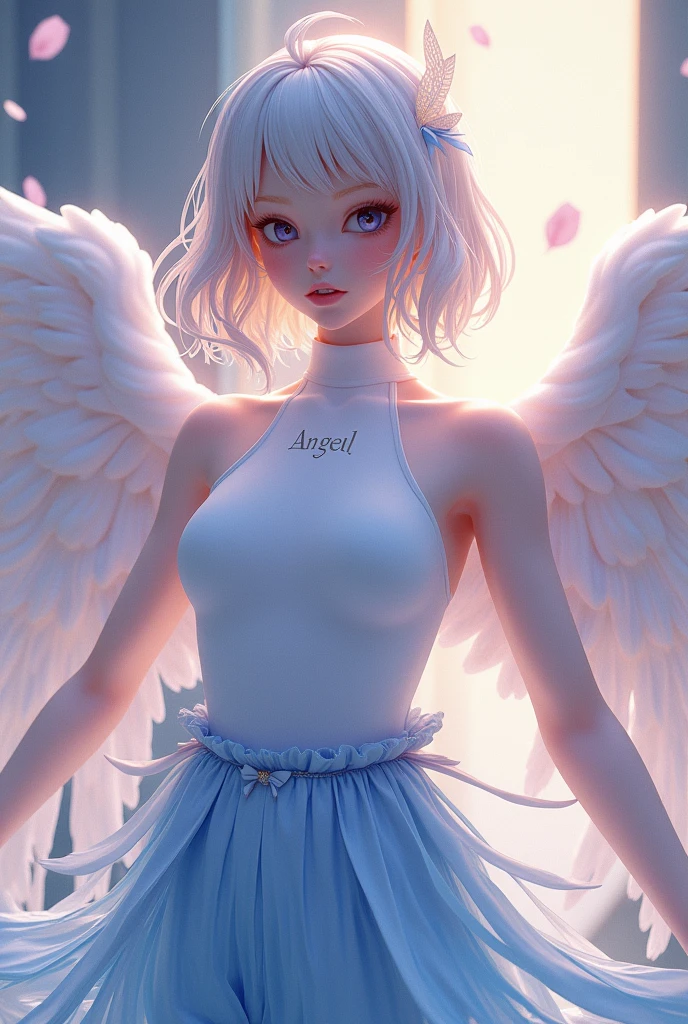 Female character with white turtleneck shirt with name Angel, blue angelic pants, 3D anime theme