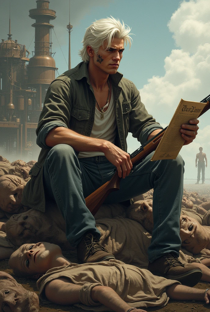 Draws a young white man in his 20s, white hair swept back, has a scar from a tiger paw on his right cheek, is sitting on a pile of corpses, with the US constitution in his left hand, and a rifle in his right hand, steampunk style