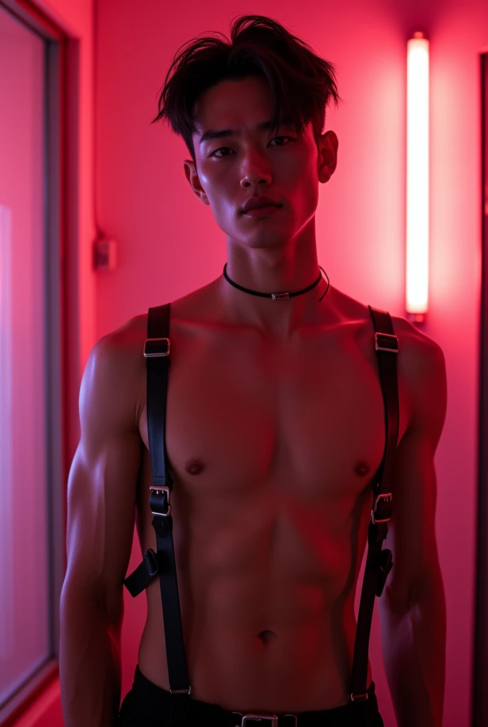 Hot Korean man with defined pink , shirtless , BDSM CLOTHE, front view, K-idol, hot , sexy , k-idol bdsm , BDSM, streeper  , motel room  , masterpiece  