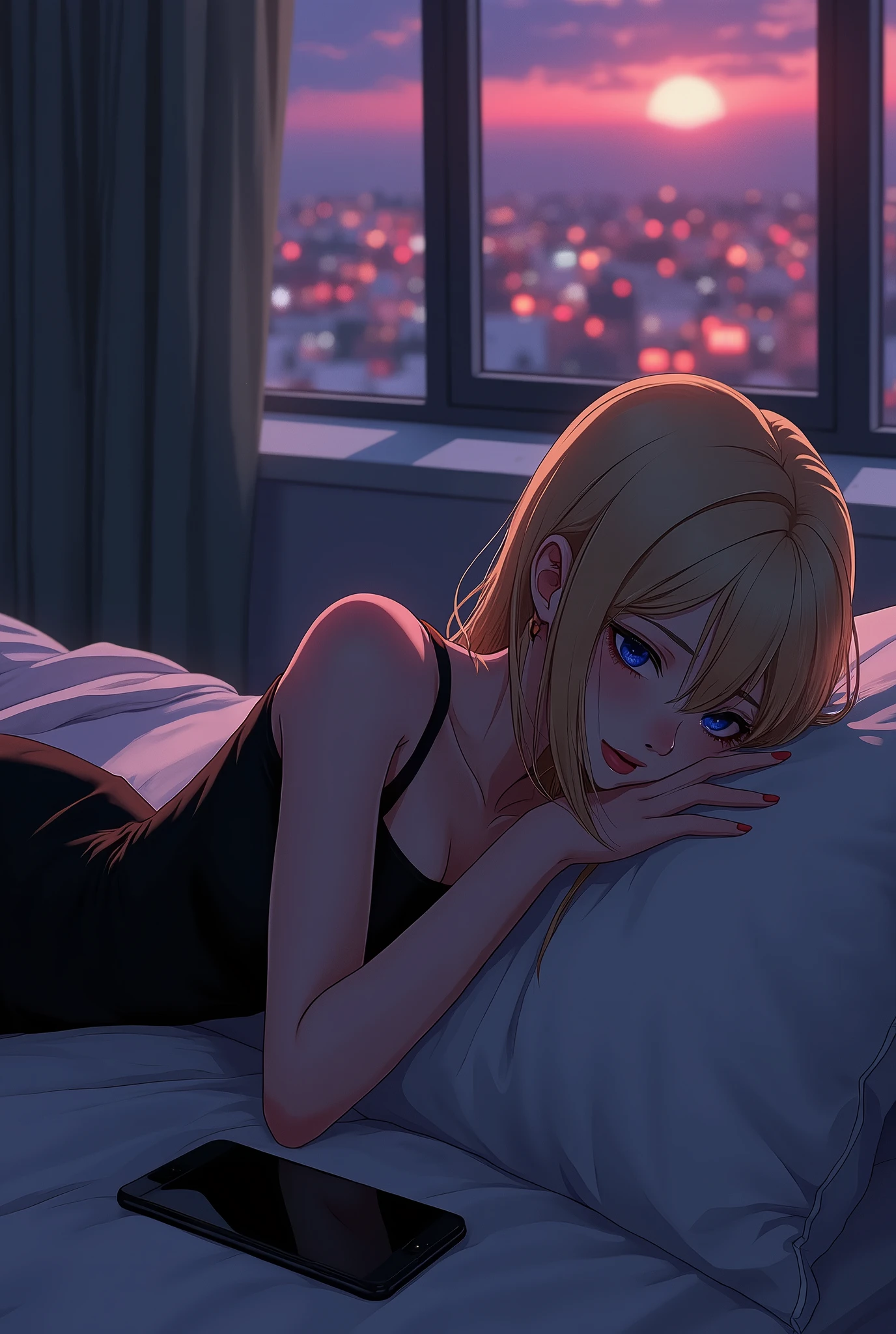 Blonde long hair beautiful woman with blue eyes laying in a bed with her head in the pillow with a sad worried face she is using a strap black dress, her phone laying next to her, outside is dark but you can see the city lights as purple red and orange.  Digital anime art style