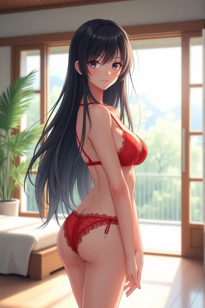 White anime woman with long black hair wearing red bikini in !a room with the window open