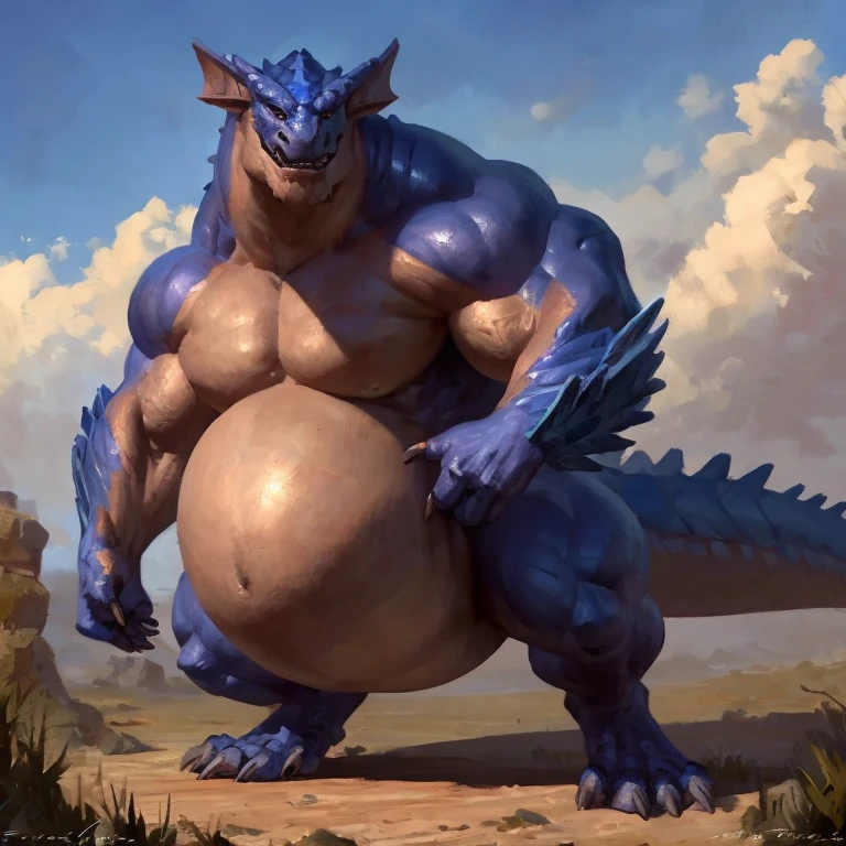 Detailed painting, by Taran Fiddler, dragoness, full body, feral, dainty, friendly, colorful, rounded snout, wings, pregnant-like belly, round belly, dominant belly, huge belly, bloated belly, big muscles, wide body, thick body muscles, powerfull muscles, beefy muscles, thick neck, beefy neck, tall, enormous, giant, gigantic, gargantuan, kaiju, powerfull look, badass look