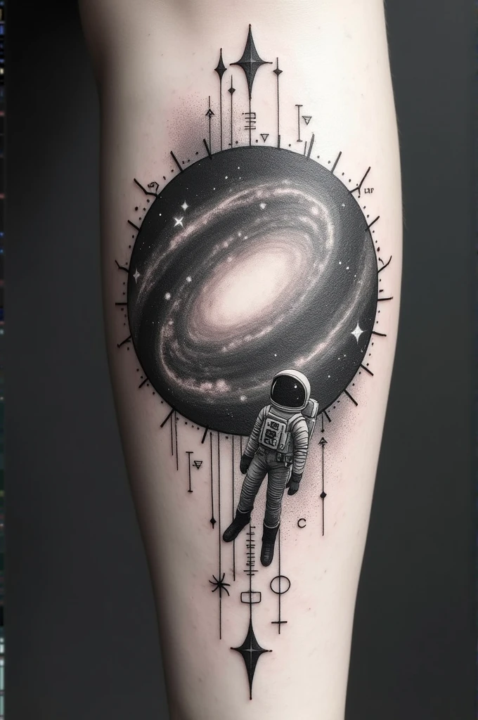 Black and white tattoo with only fine lines and strokes with a galaxy and mathematical elements. Add a small astronaut. Do not add black backgrounds to the tattoo.
